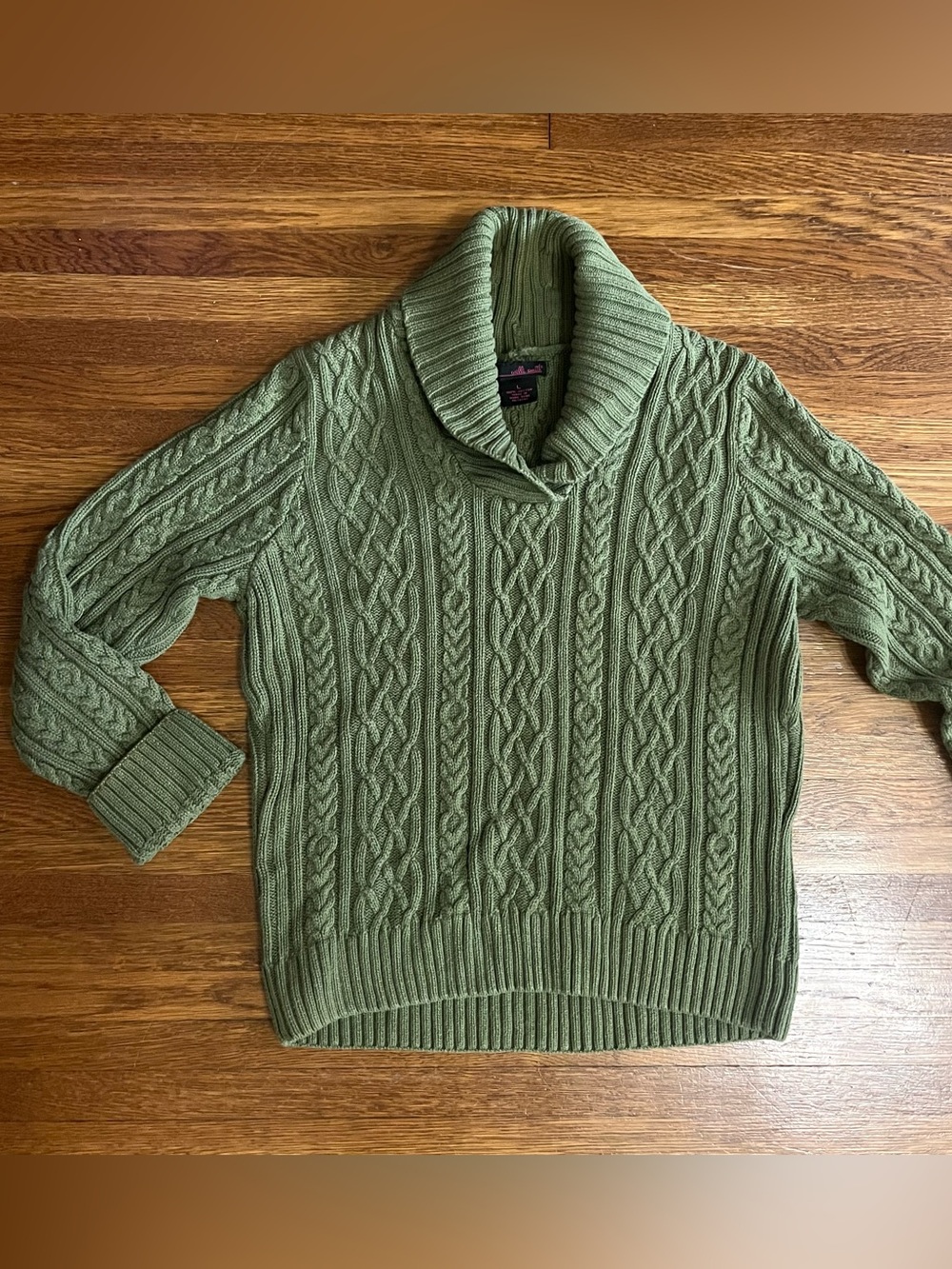 Y2k M L cotton cable knit sweater shawl collar green Granola earthy chunky